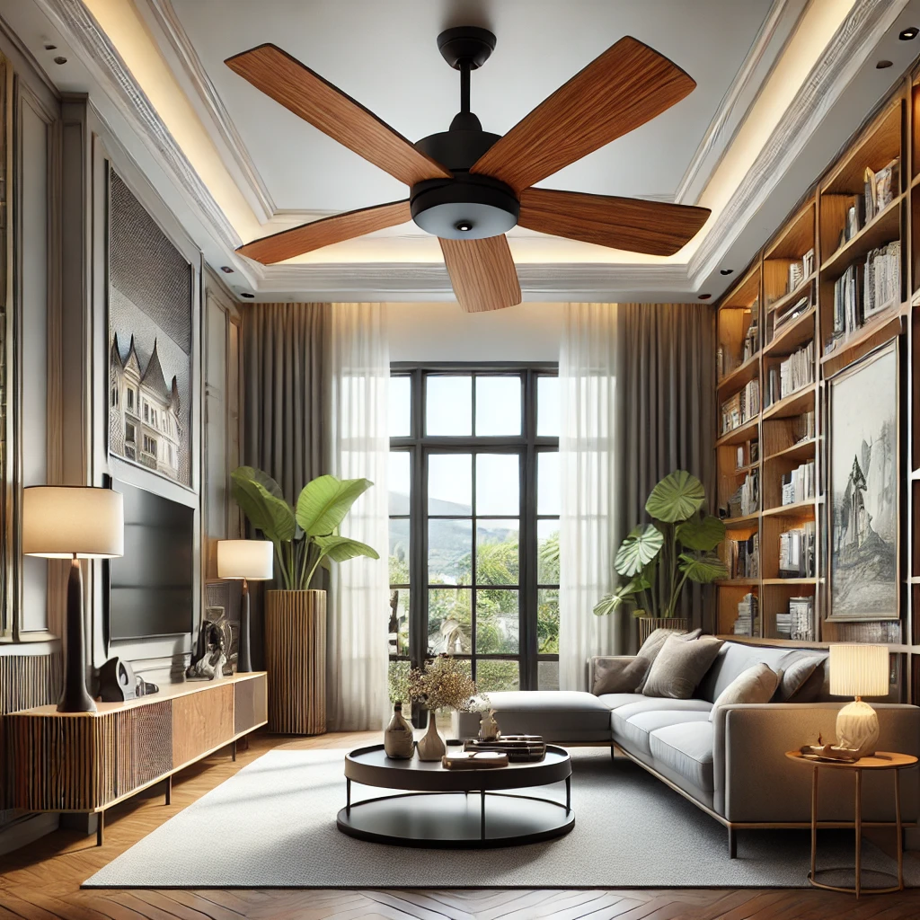 "Salon moderne avec ventilateur de plafond en bois, grande baie vitrée, mobilier élégant et éclairage doux. Illustration d'un espace de vie confortable et connecté, adapté aux solutions domotiques professionnelles."